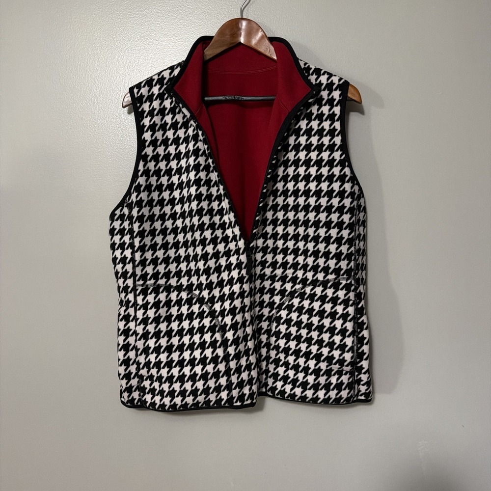 AND Women Reversible Houndstooth and Red Fleece Vest Full Zip XL 1120-050